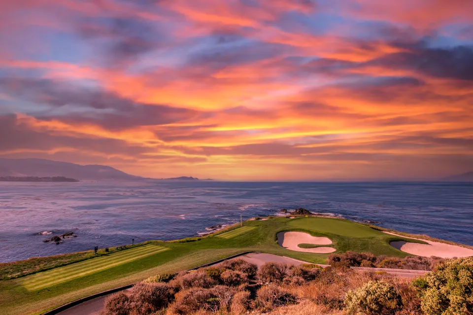 Sunset over the Pacific at Pebble Beach.