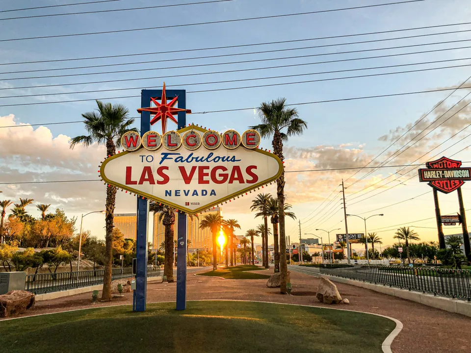 The Welcome to Las Vegas sign at sunrise.