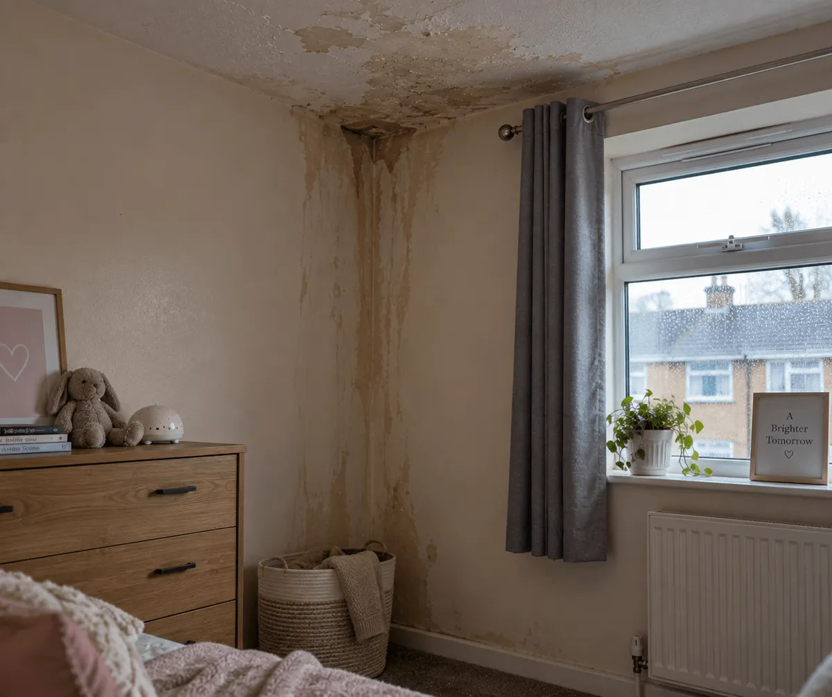 Bedroom with damp and mould spreading across the ceiling