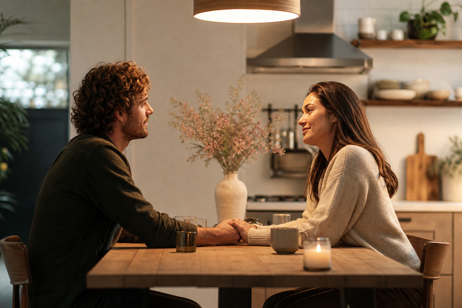 Twee partners zitten tegenover elkaar aan de keukentafel in gesprek, warm licht, herkenbaar moment van verzoening