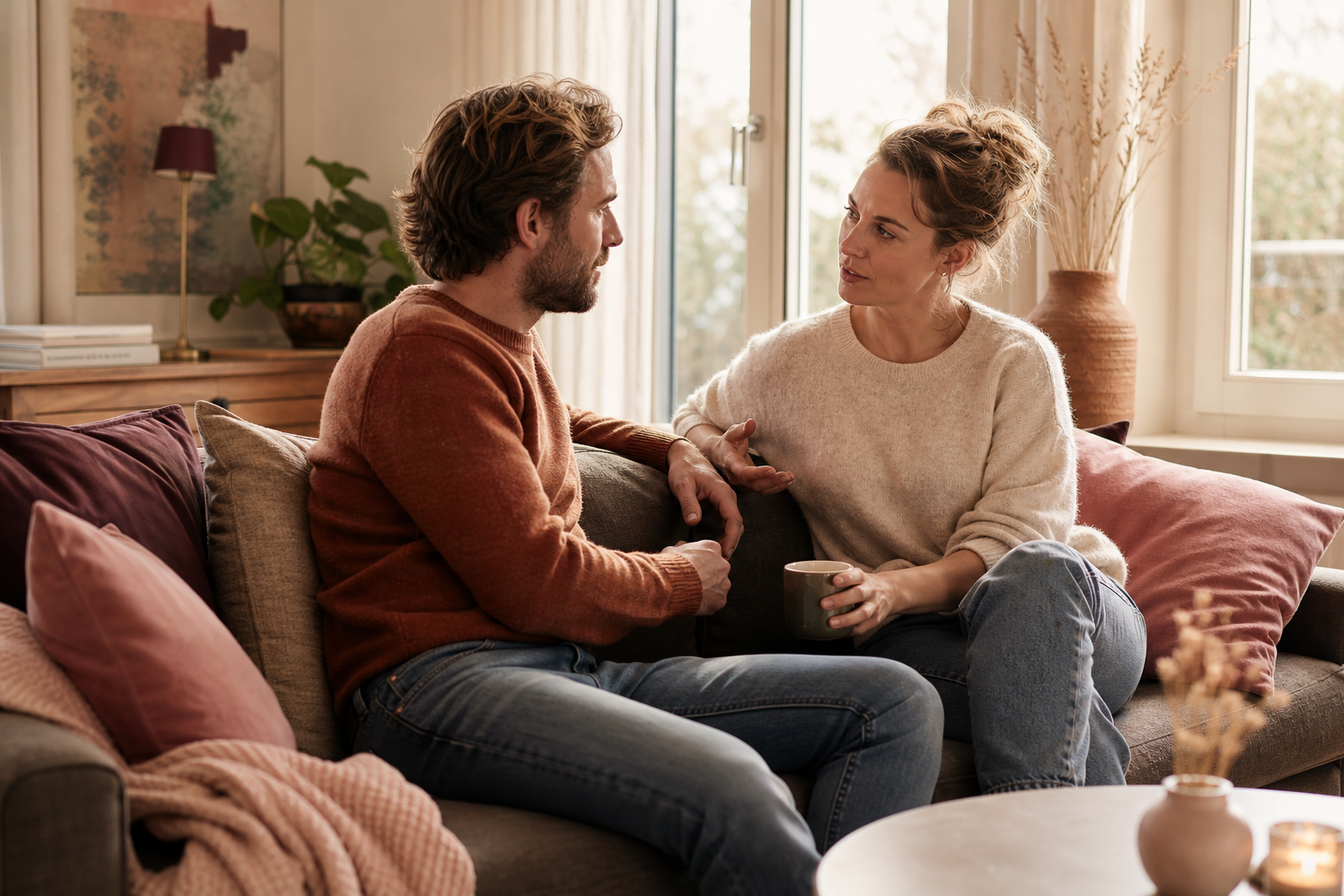 Couple sitting calmly side by side on the couch in conversation, warm daylight through the window