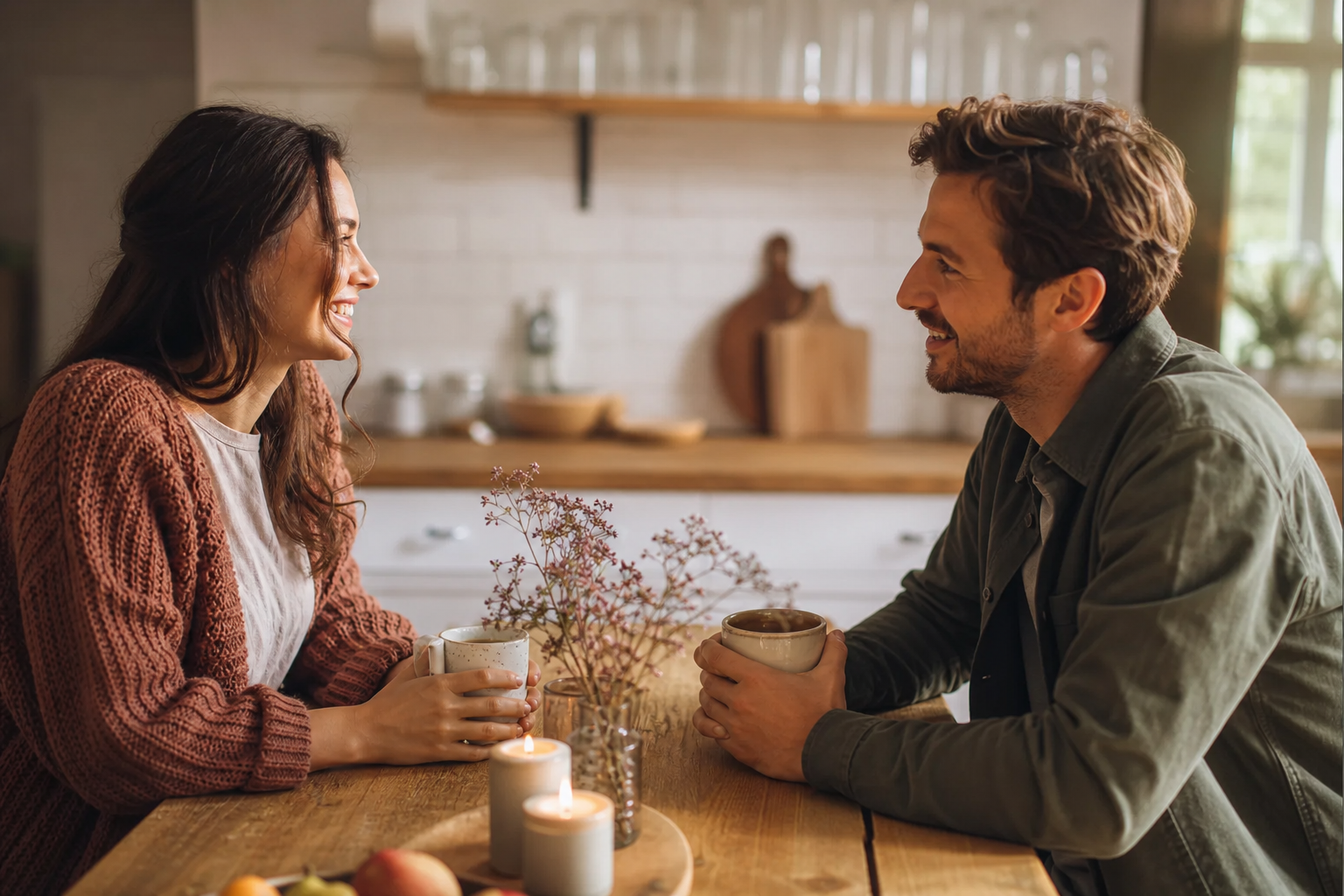 Two partners sitting relaxed across from each other at the kitchen table with coffee, talking and laughing