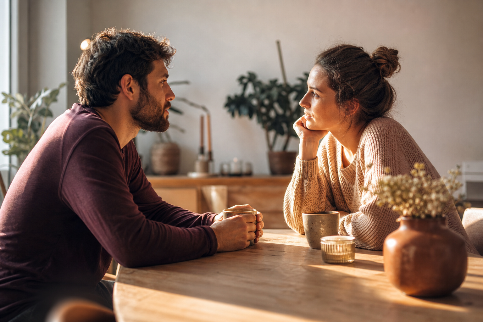 Een stel zit tegenover elkaar aan een houten tafel in warm ochtendlicht, in een serieus maar rustig gesprek