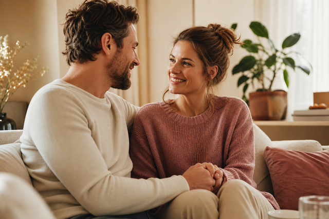 Twee partners die warm naar elkaar glimlachen tijdens een rustig moment samen thuis, handen die elkaar zachtjes aanraken