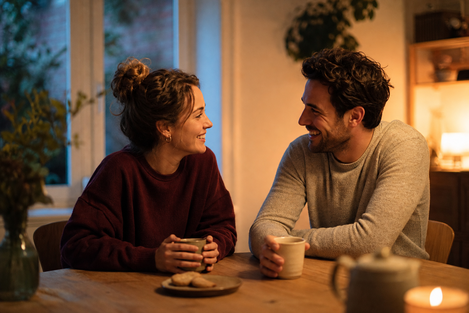 Two partners sitting relaxed together at a table, laughing over a cup of coffee, with warm evening light in the background