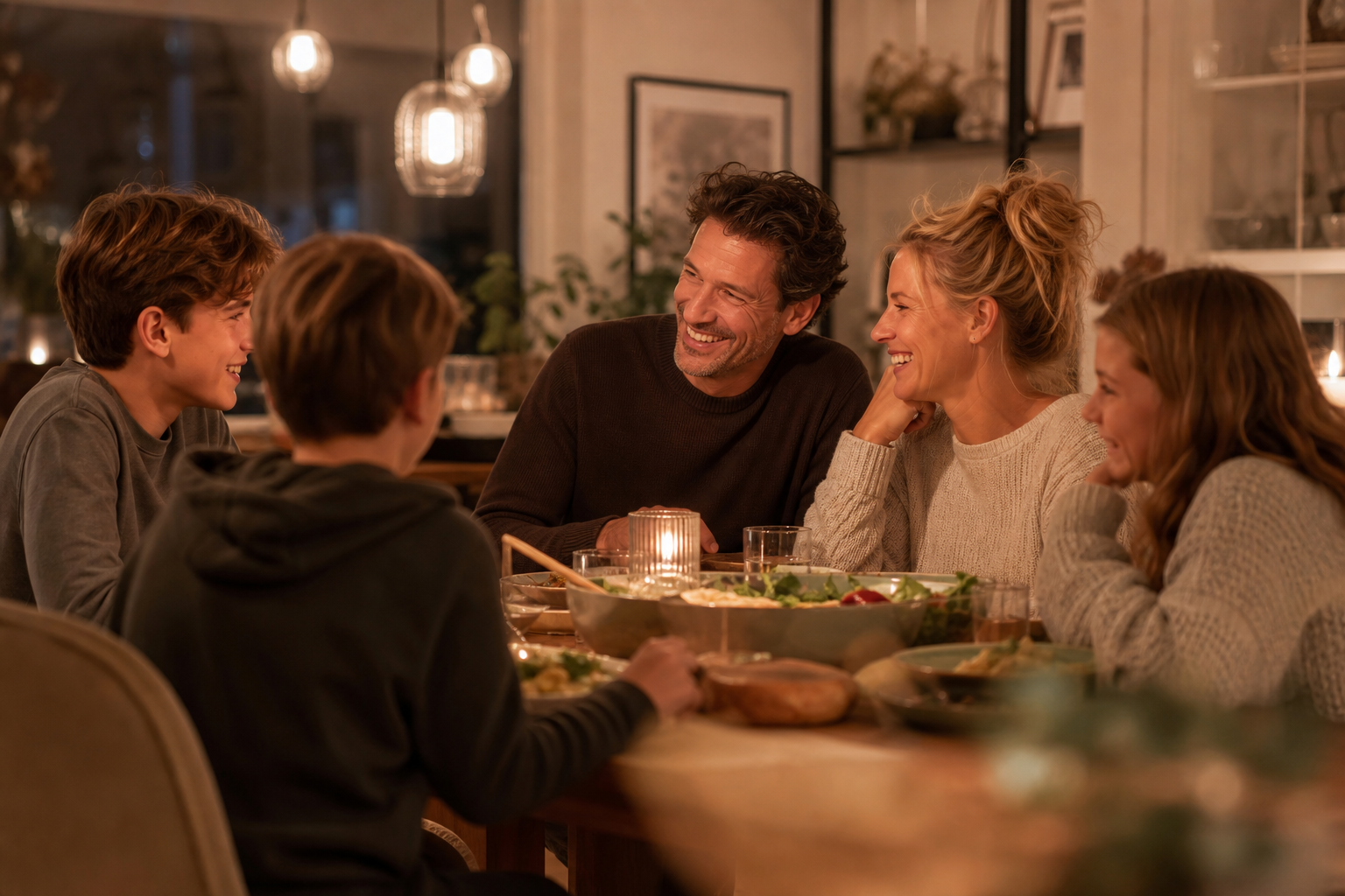 Een samengesteld gezin dat samen aan tafel zit te lachen tijdens het avondeten, warm licht op de achtergrond