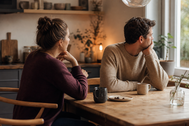 Two partners sit across from each other at a kitchen table, one gazing thoughtfully out the window while the other waits for a response