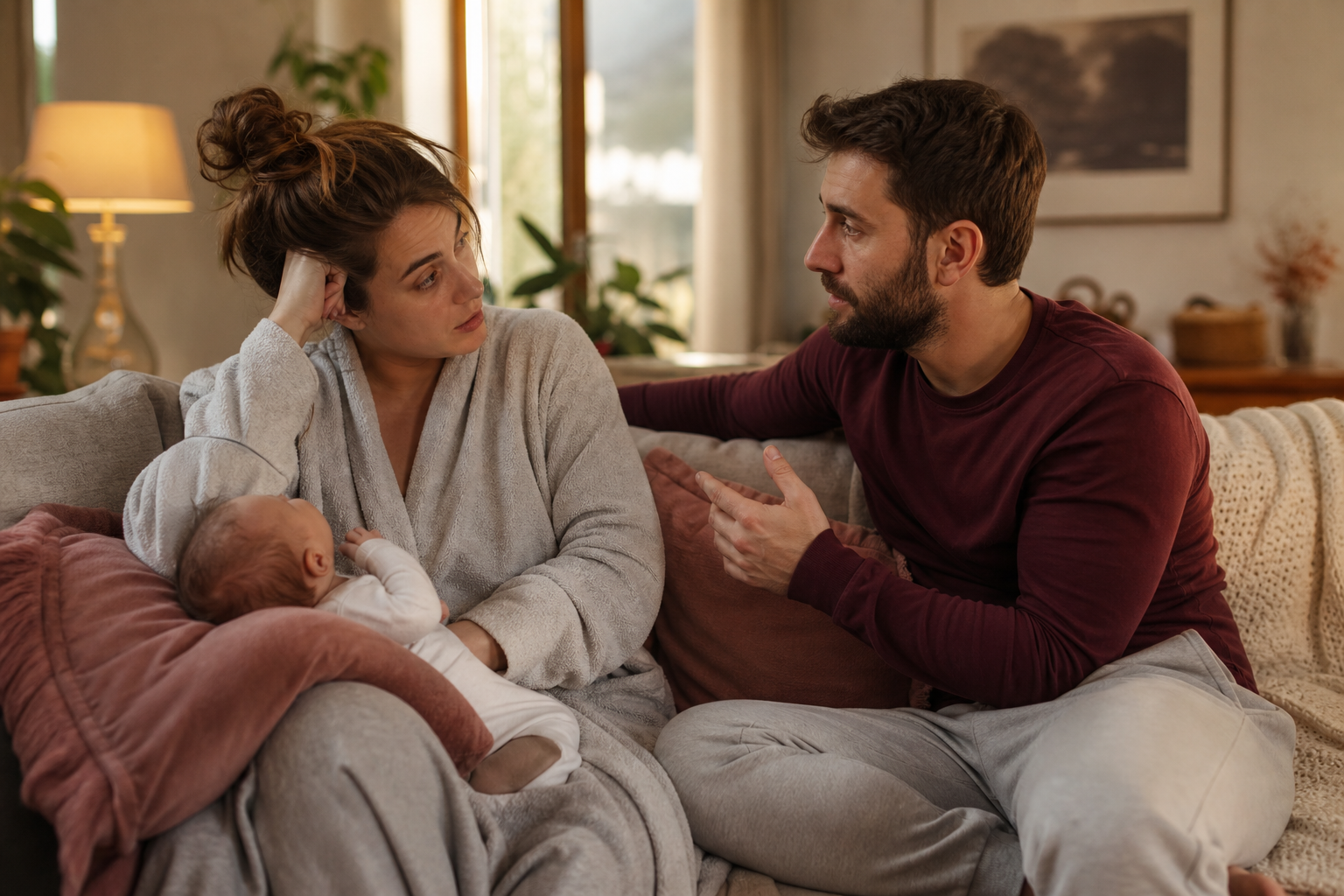 Ouders met een baby op de bank, allebei vermoeid maar in gesprek met elkaar in een warm verlichte woonkamer