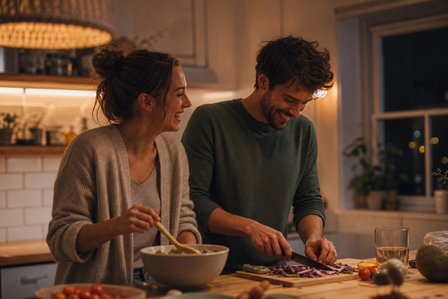 Stel dat samen ontspannen aan de keukentafel zit te lachen tijdens het koken, warm avondlicht op de achtergrond
