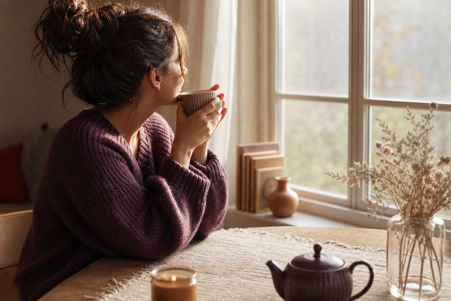 A person sits thoughtfully by the window with a cup of tea, warm daylight, a calm atmosphere of reflection