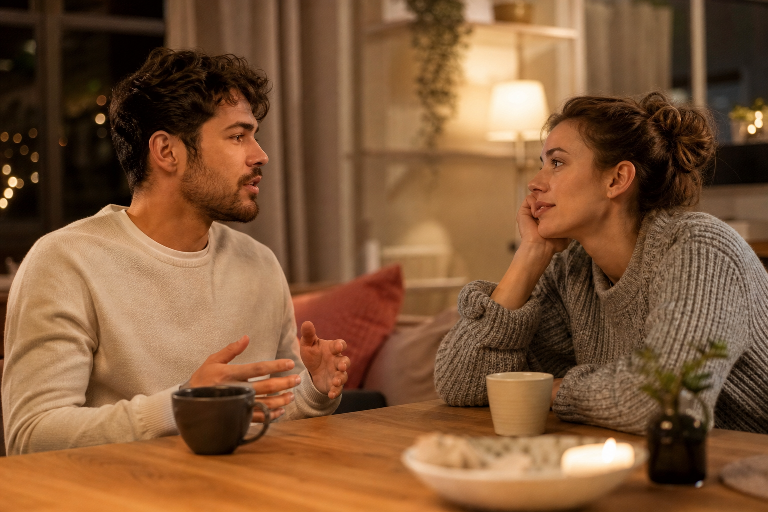 Two partners sit across from each other at a table in warm evening light, one speaking while the other listens attentively