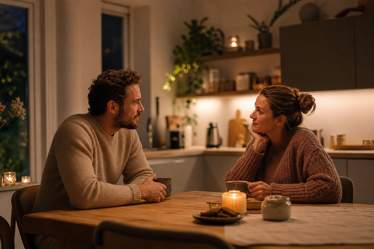 Twee partners zitten tegenover elkaar aan de keukentafel in gesprek, warm avondlicht, herkenbare huiselijke sfeer