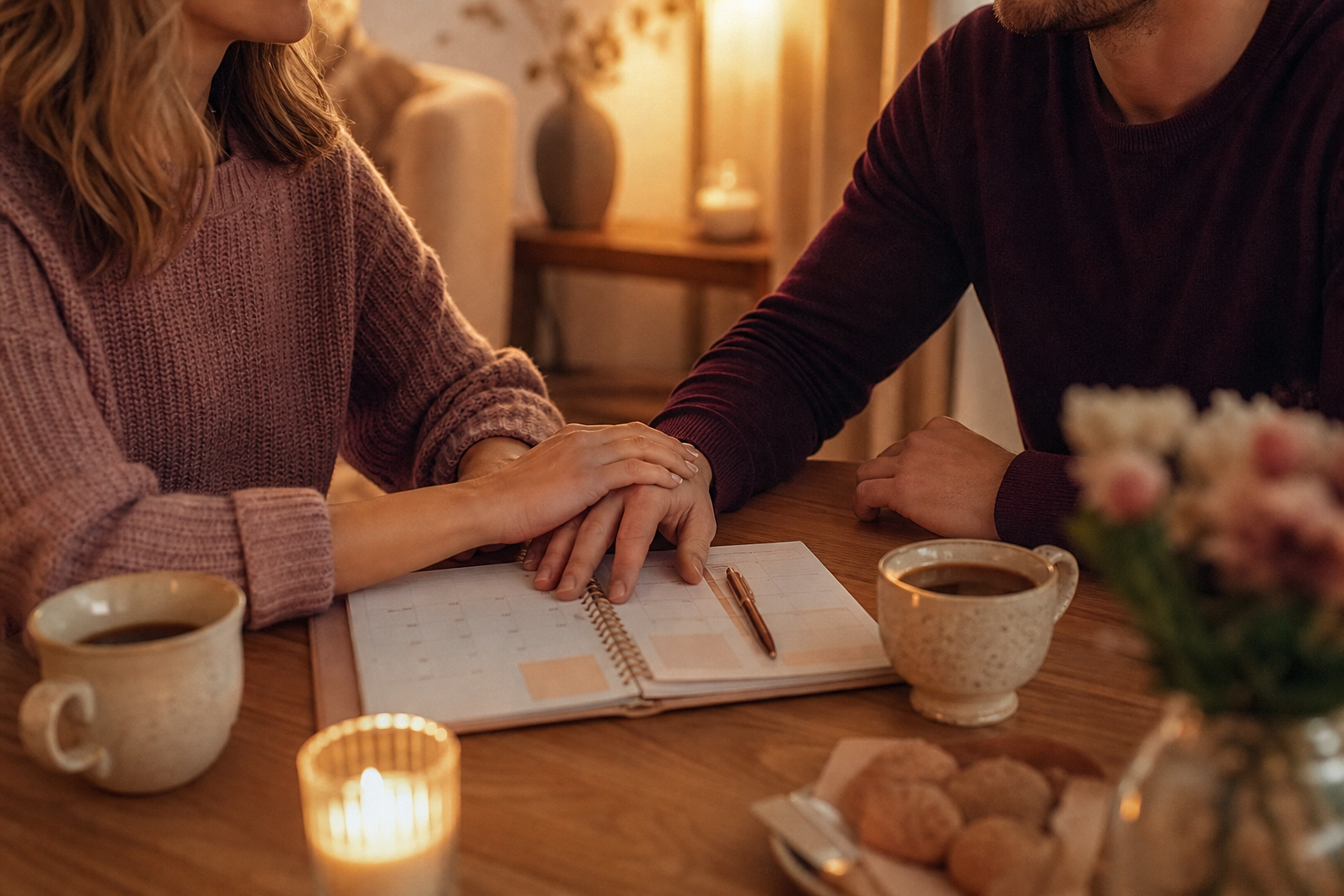 Couple sitting together at a table with a planner and coffee, warm evening light, hands just touching