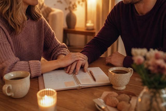 Stel dat samen aan tafel zit met een agenda en koffie, warm avondlicht, handen die elkaar net aanraken