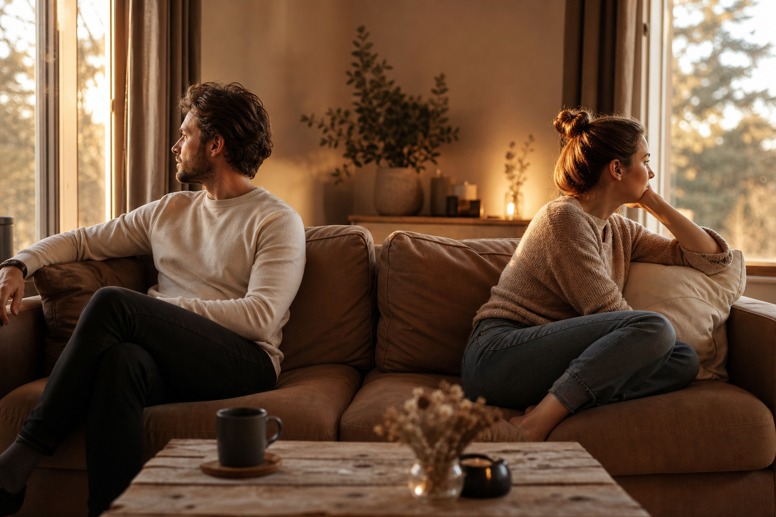 Two partners sit next to each other on the couch, each looking toward their own window, warm evening light in the room