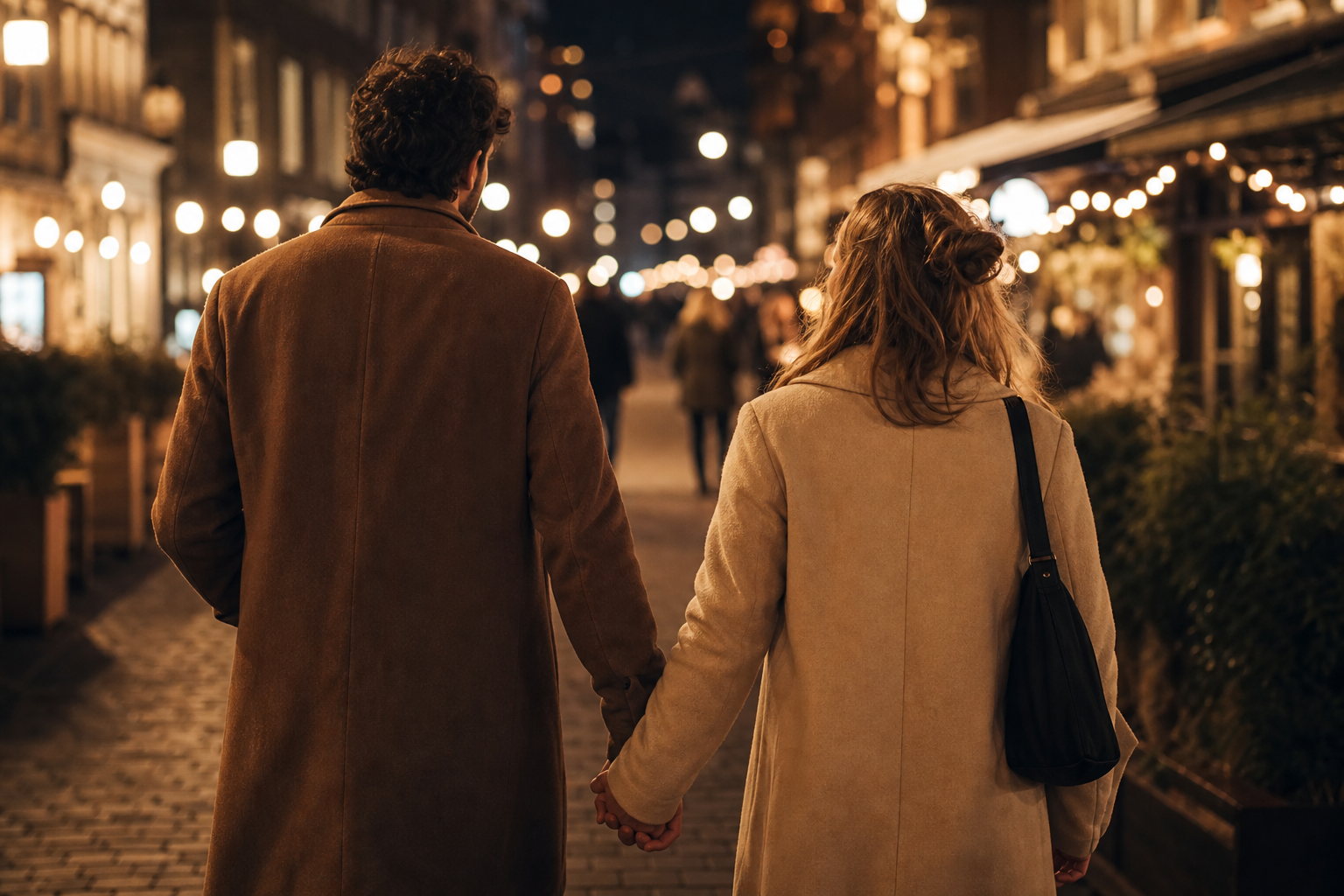 Stel dat hand in hand door een verlichte stad wandelt tijdens een avondje uit