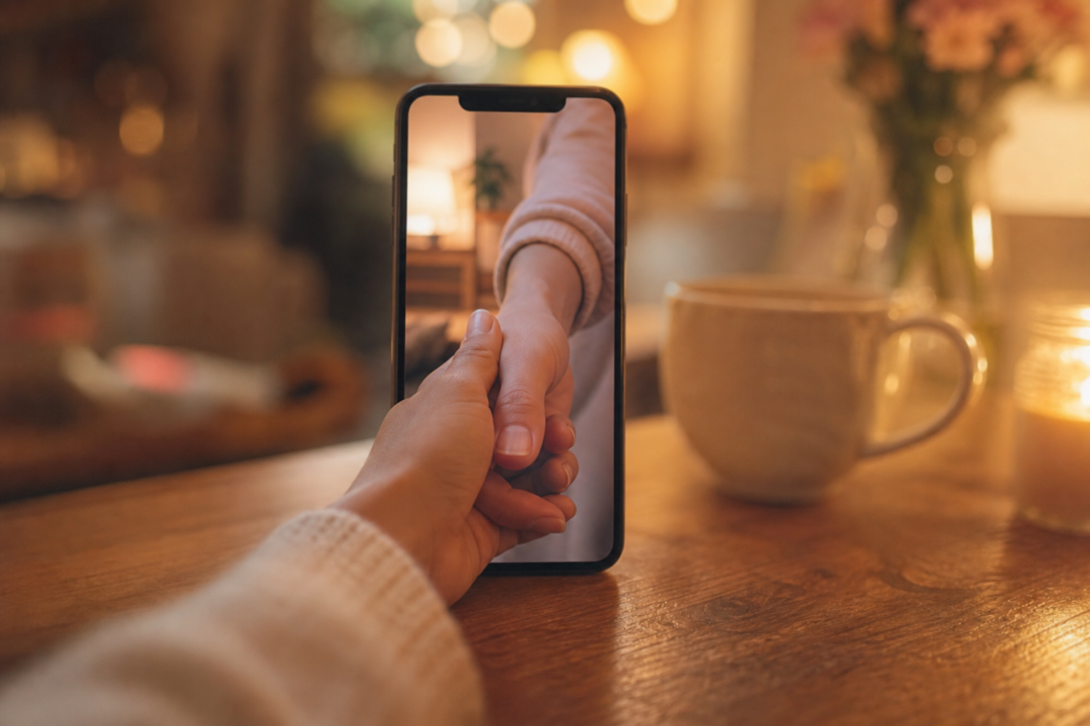 Twee handen die elkaar vasthouden via een videobelscherm op een telefoon, warm avondlicht op de achtergrond