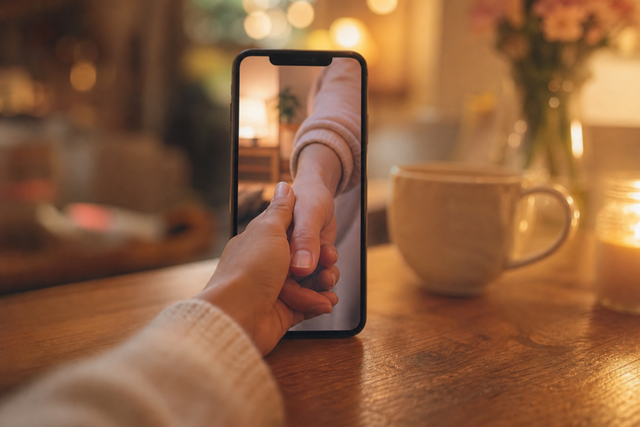 Two hands holding each other through a video call screen on a phone, warm evening light in the background