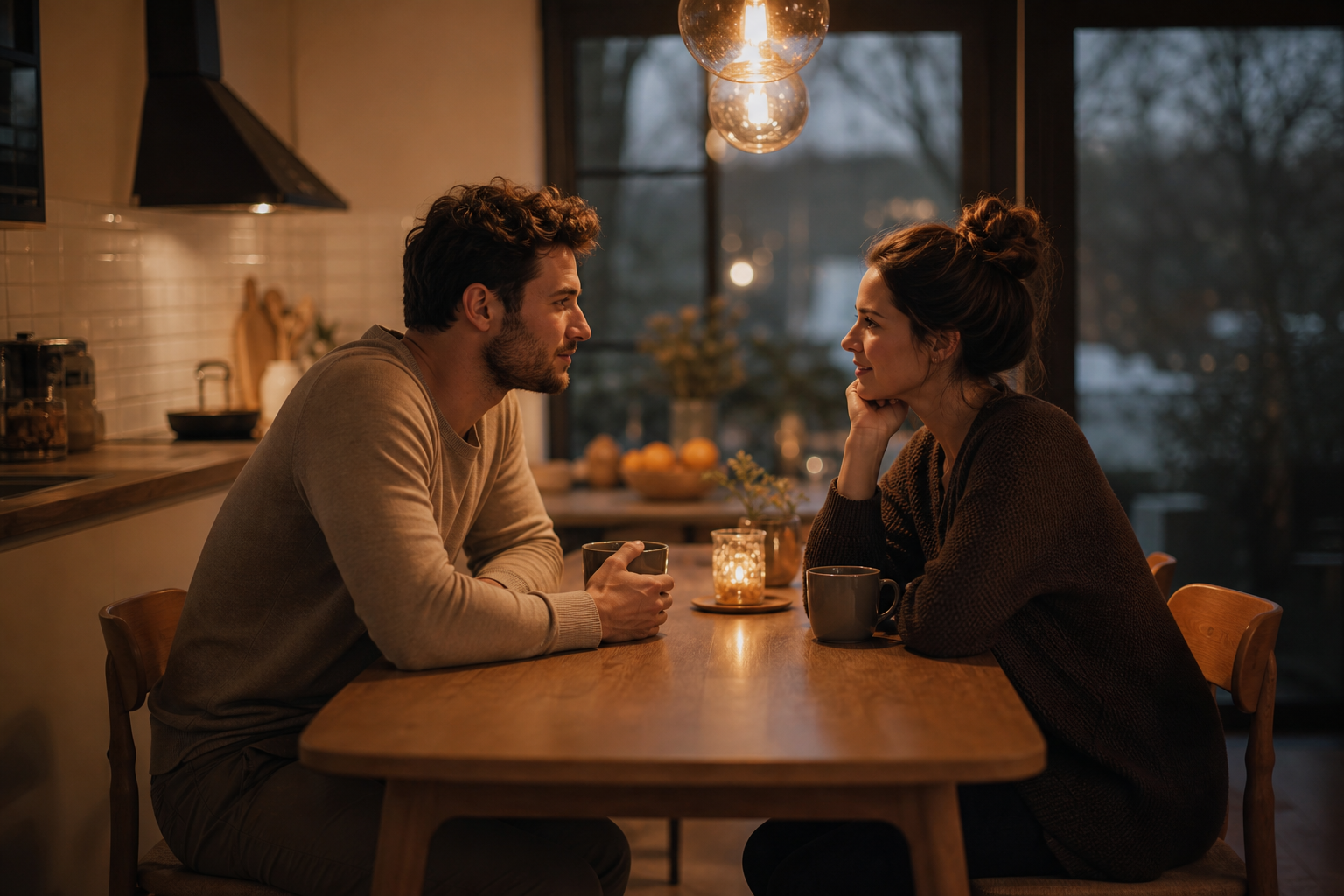 Two partners sit across from each other at the kitchen table in warm evening light, having a quiet conversation