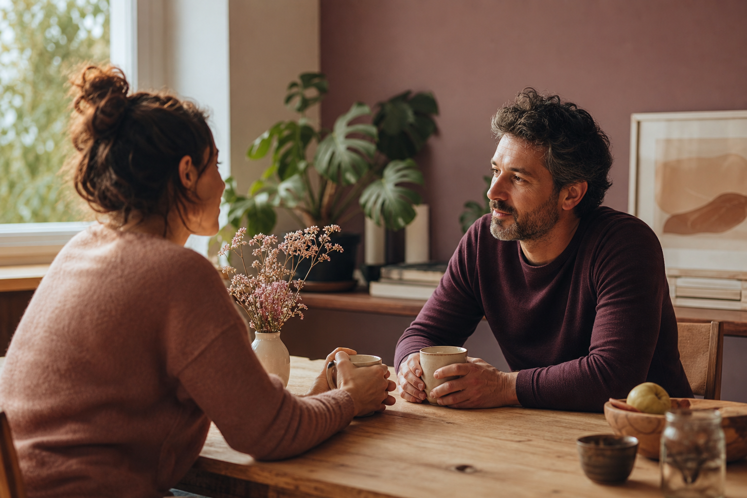 Een stel zit warm en ontspannen tegenover elkaar aan een houten tafel tijdens een gesprek, met koffie en zacht daglicht