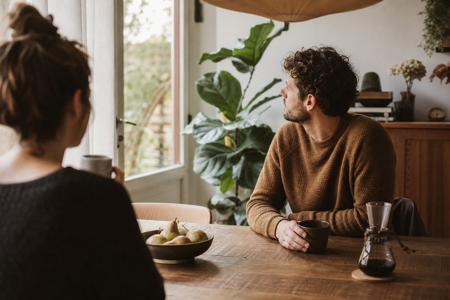 Twee partners zitten met enige afstand tegenover elkaar aan een houten tafel bij warm daglicht, een van hen kijkt bedachtzaam naar buiten