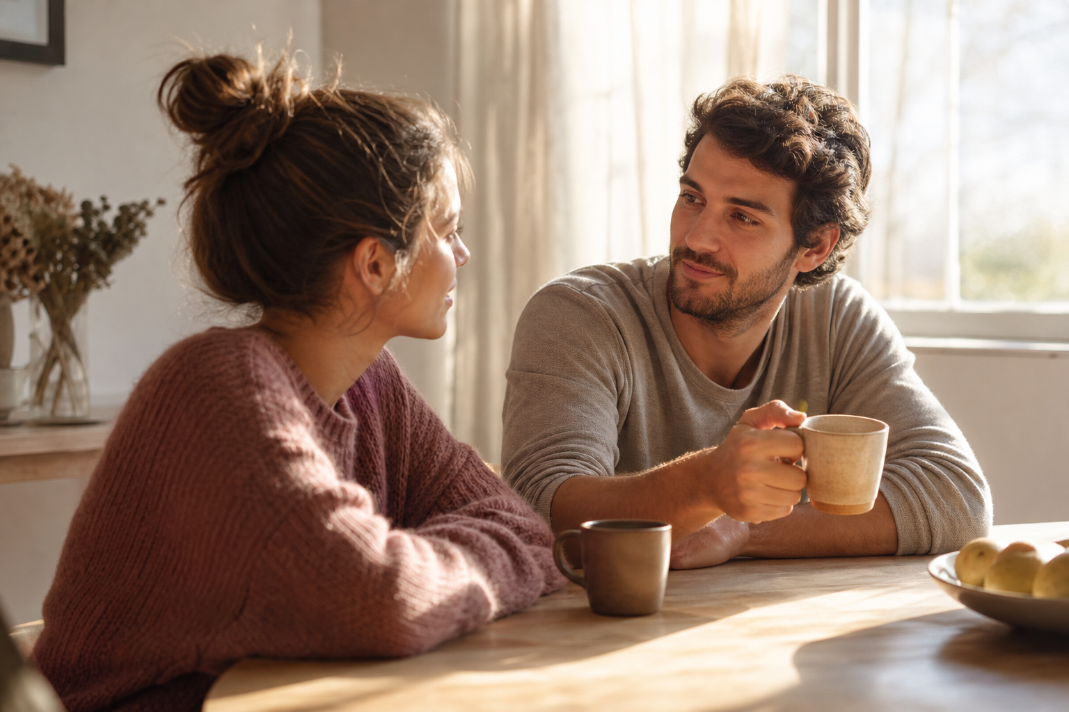Two partners sitting at a table with a cup of coffee, having a calm conversation, warm daylight in the background
