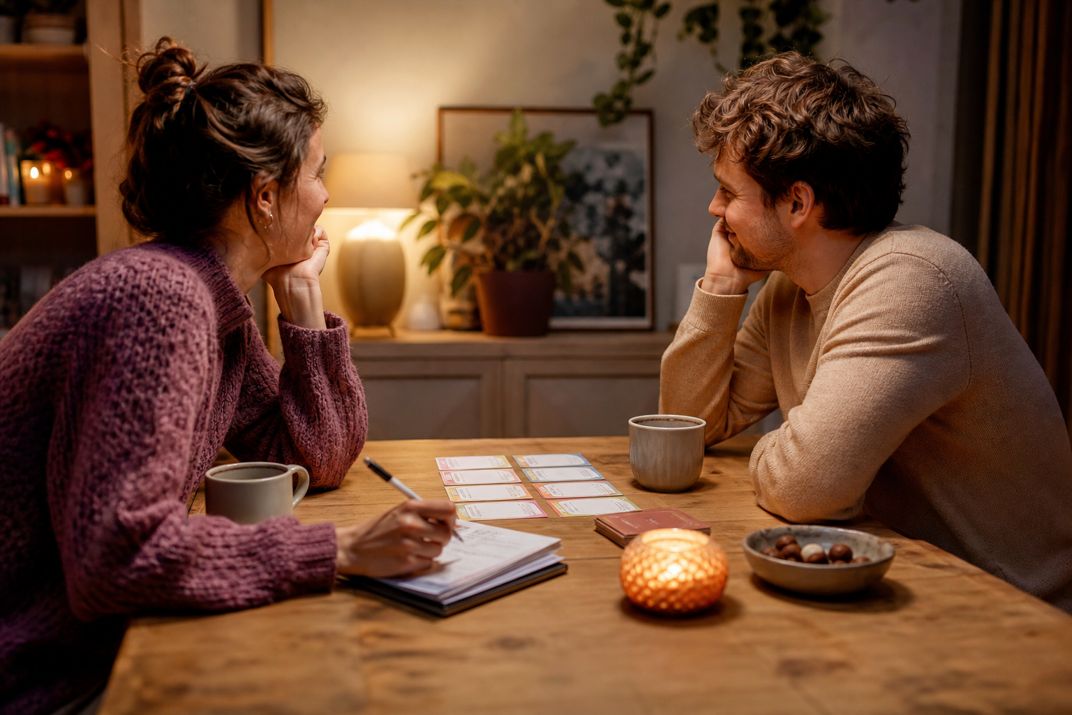 Twee partners zitten ontspannen tegenover elkaar aan een houten tafel met een notitieblok en koffie, in gesprek tijdens een quizavond