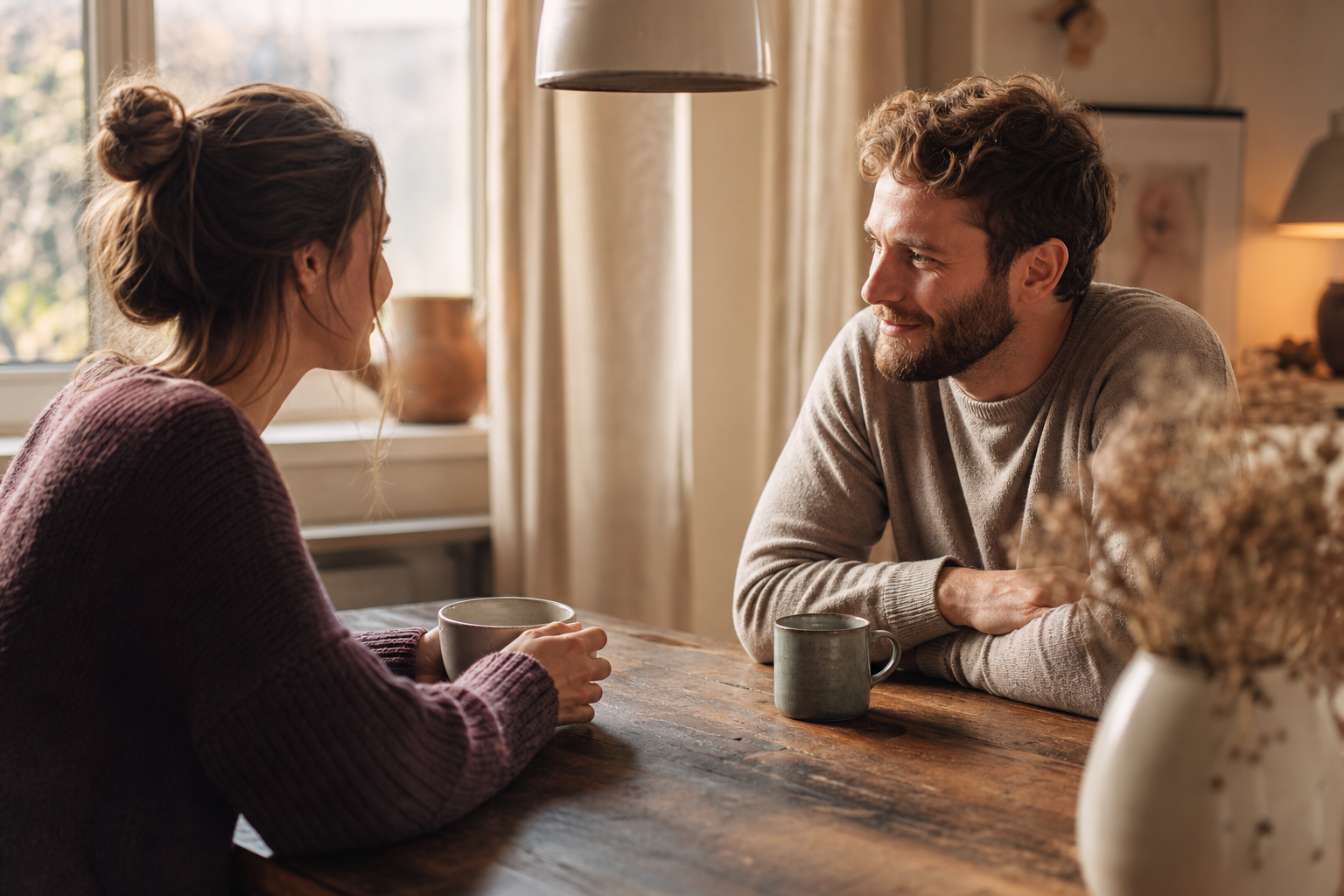 A couple sits relaxed across from each other at a wooden table, talking over a cup of coffee, warm daylight in the background