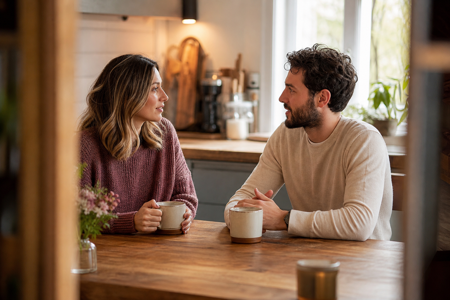 Twee partners zitten warm tegenover elkaar aan de keukentafel, in gesprek, met koffiekopjes tussen hen in