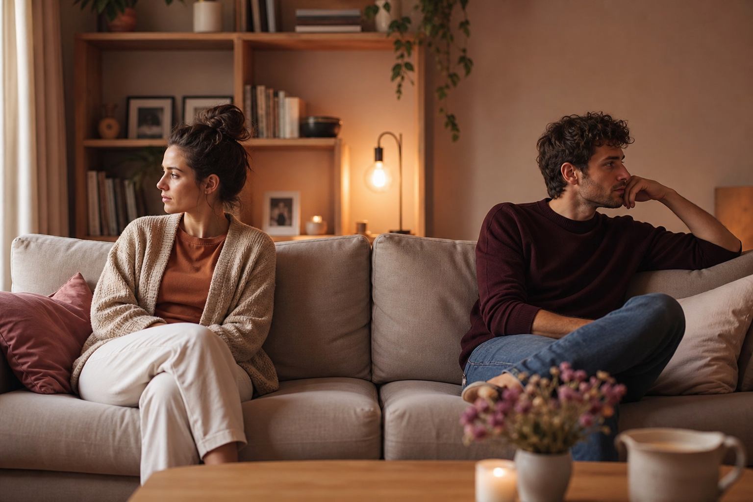 Two people sit next to each other on the couch, each lost in thought, with some space and silence between them