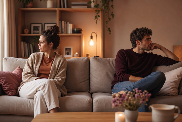 Two people sit next to each other on the couch, each lost in thought, with some space and silence between them