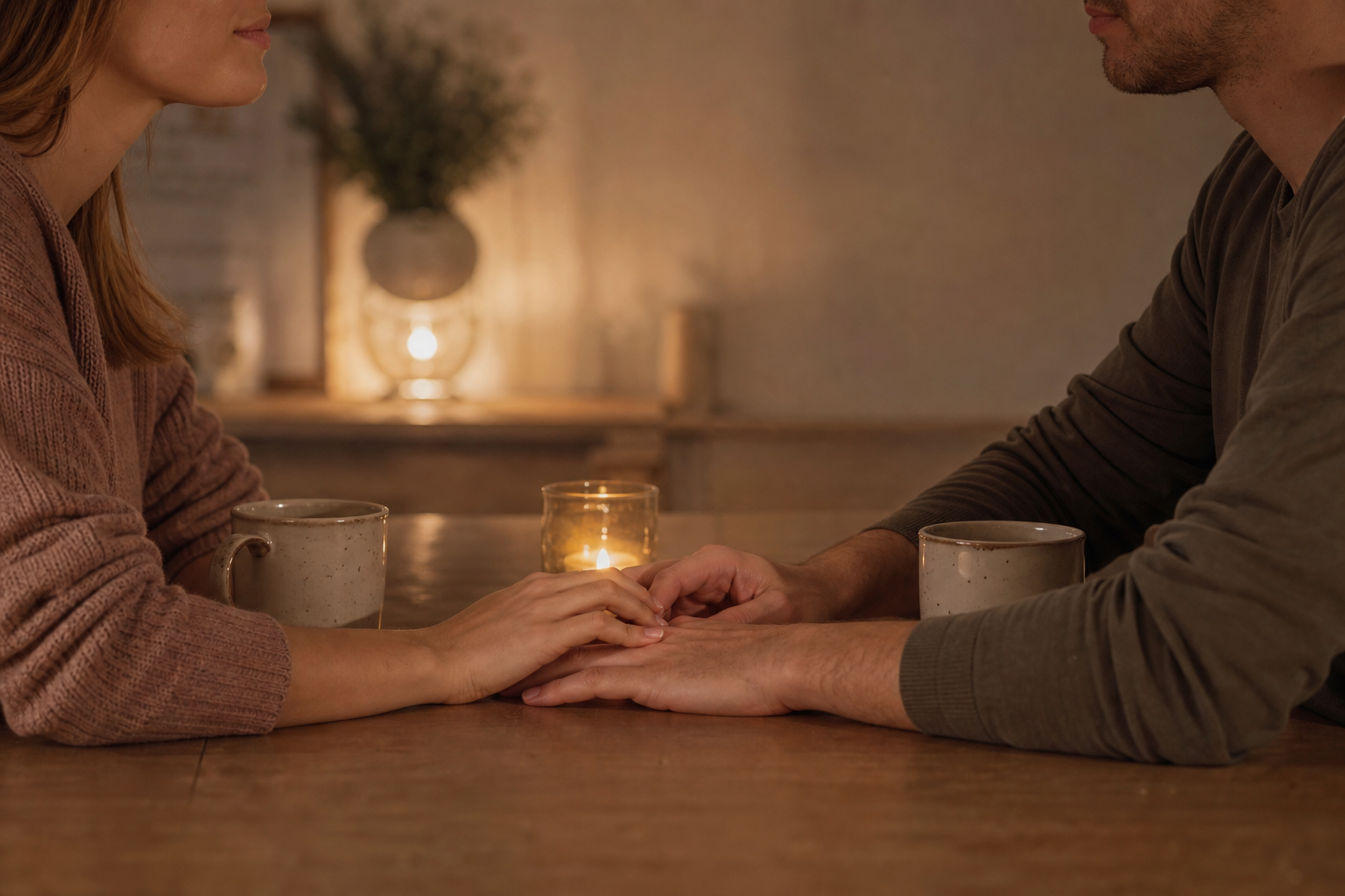 Stel zit rustig tegenover elkaar aan tafel bij warm licht, handen bijna in elkaar, sfeer van kwetsbaarheid en verbinding