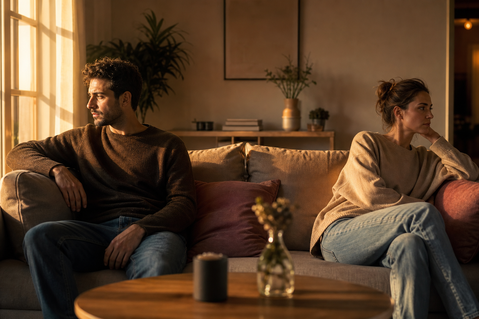 Twee mensen die op afstand van elkaar op een bank zitten, in gedachten verzonken, warm avondlicht door het raam