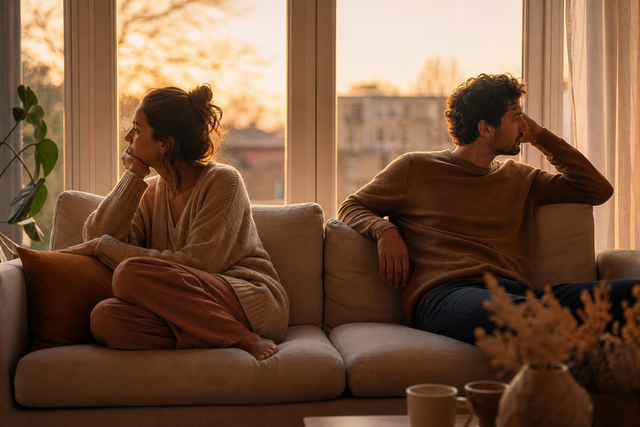 Twee partners zitten met wat afstand op de bank, ieder in gedachten, warm avondlicht door het raam