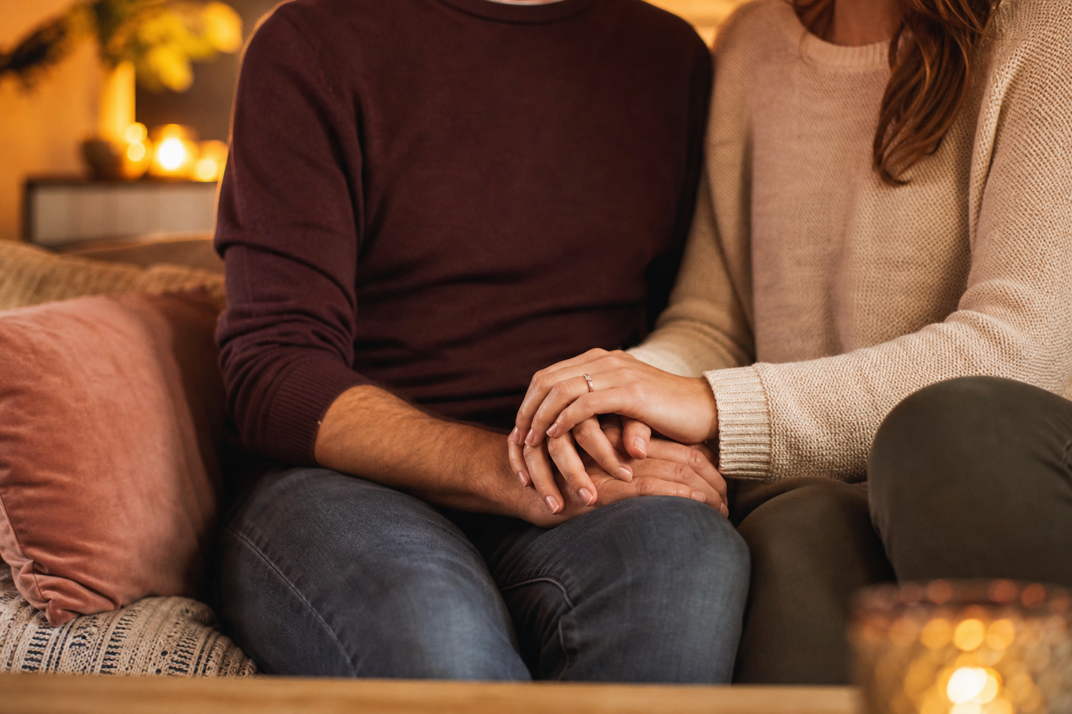 Twee partners zitten dicht bij elkaar op een bank, handen licht verstrengeld, warm avondlicht op de achtergrond