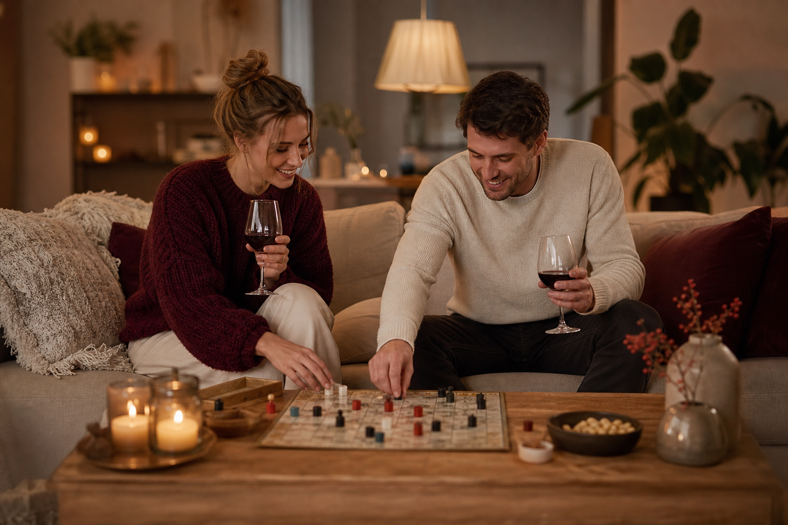 Stel zit ontspannen op de bank thuis met kaarsen, wijn en een bordspel, warme huiselijke sfeer in de avond