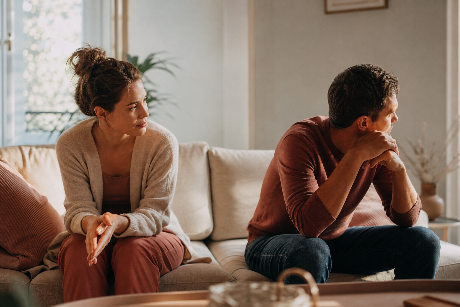 Two partners sit on a couch with some distance between them, one looking away while the other waits hopefully, warm daylight through the window