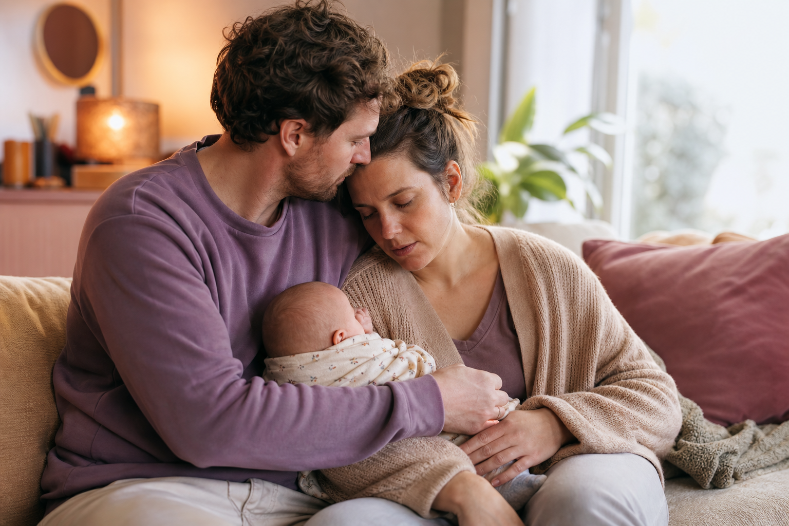 Parents sit on the couch with a baby on their lap, warm daylight, recognizable exhaustion but also tenderness between the partners