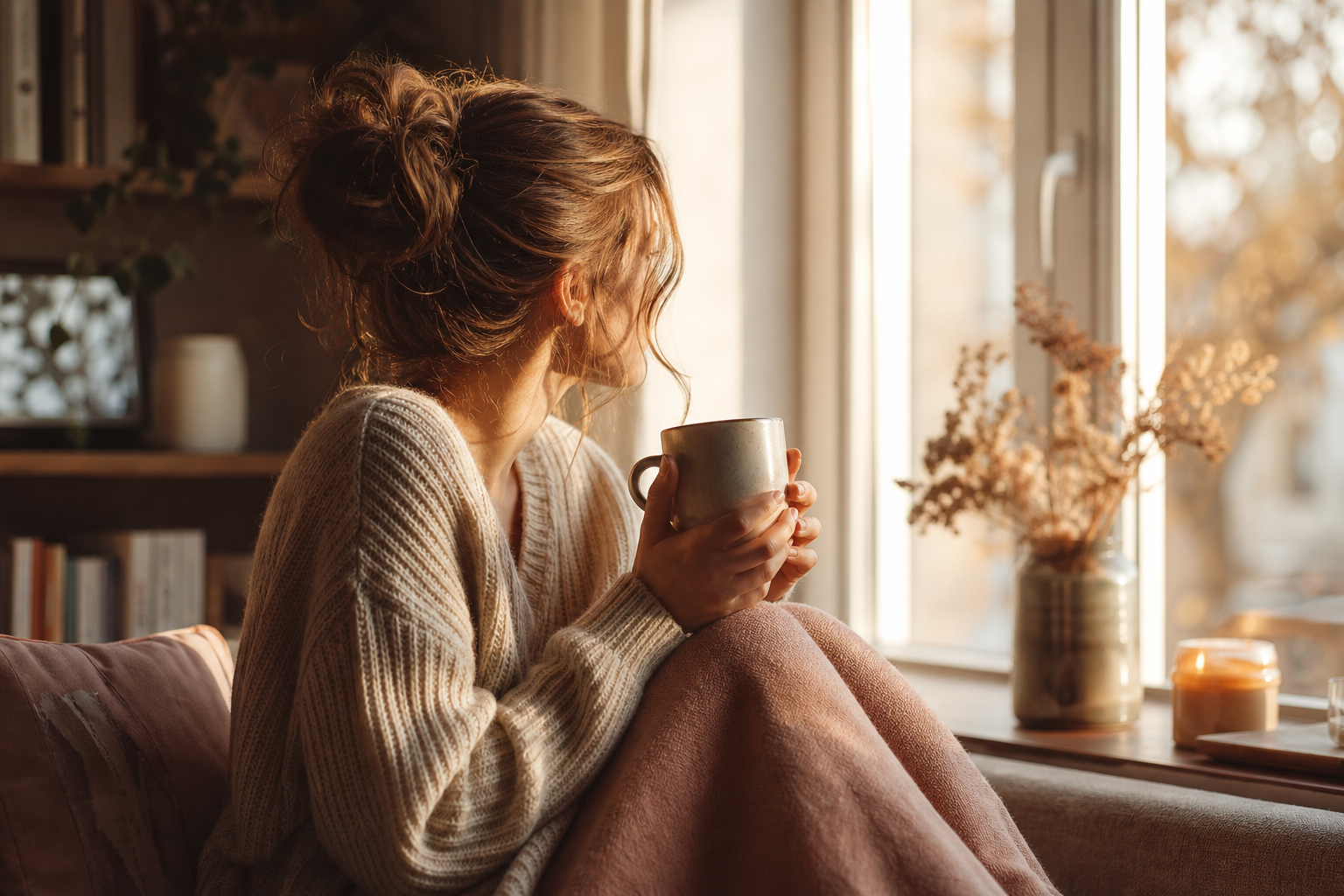 Person gazing thoughtfully out a window holding a cup of tea, warm morning light