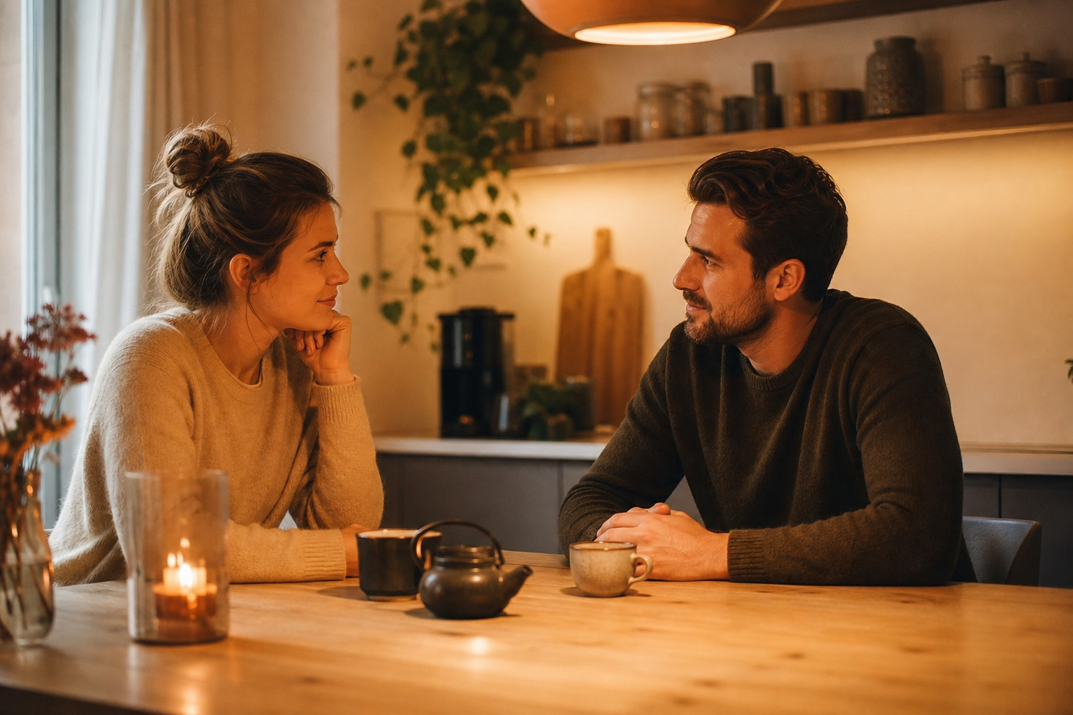 A couple sits warmly lit across from each other at the kitchen table in a calm conversation