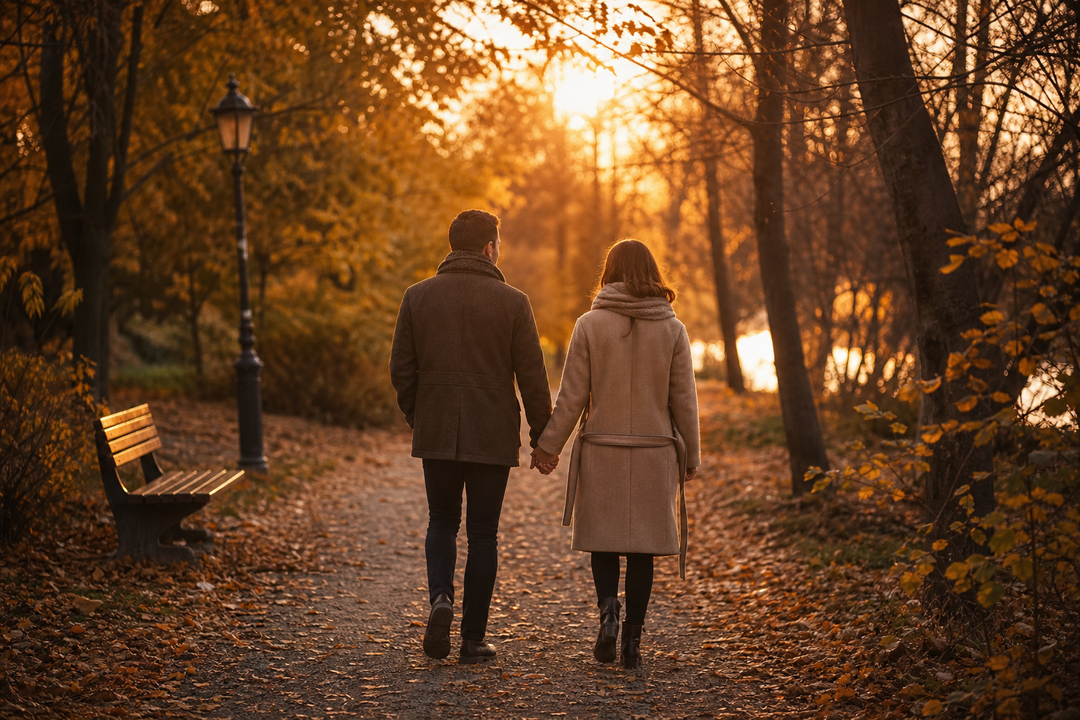 Twee partners lopen hand in hand over een pad in het park tijdens gouden uur, warme herfstsfeer