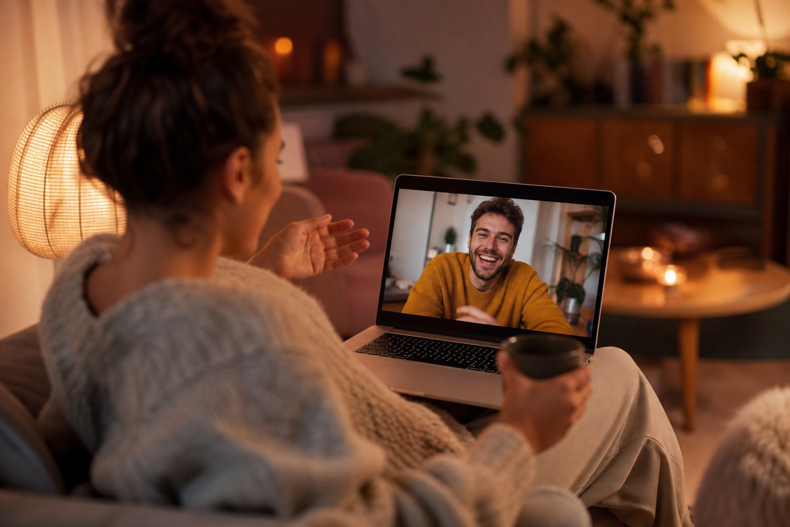 Two partners laughing together during a video call, warmly lit living room in the background