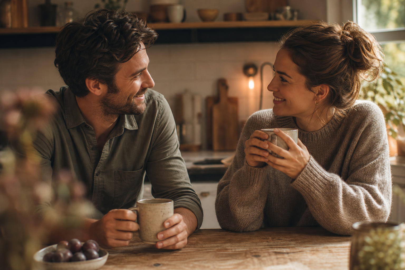 Stel dat warm naar elkaar glimlacht terwijl ze samen koffie drinken aan de keukentafel