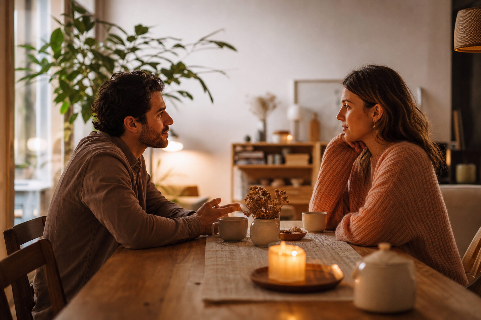 Two partners sit calmly across from each other at a table in warm light, in an open and attentive conversation