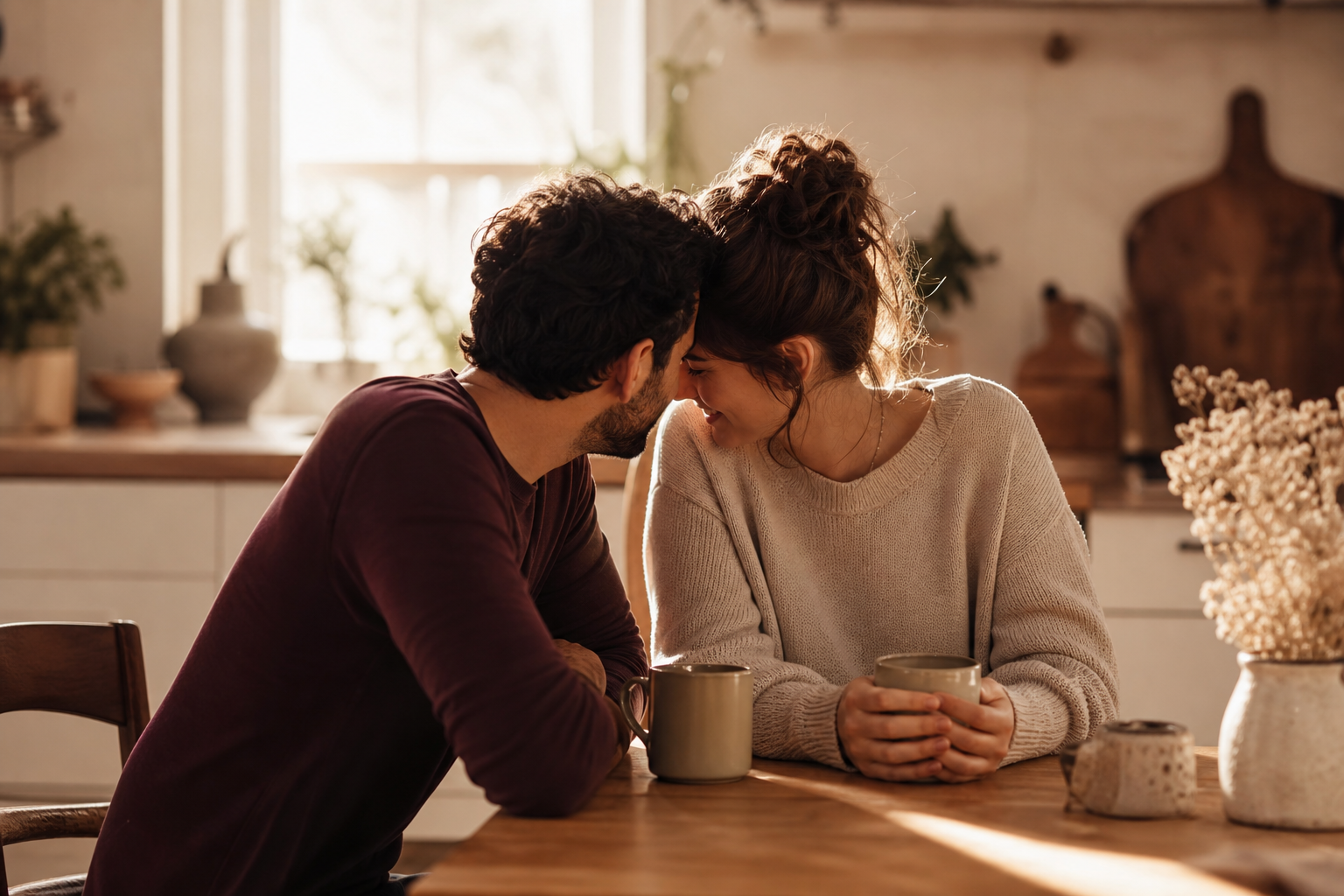 Twee partners die warm naar elkaar toe gebogen zitten aan een keukentafel met koffie, zacht ochtendlicht op de achtergrond