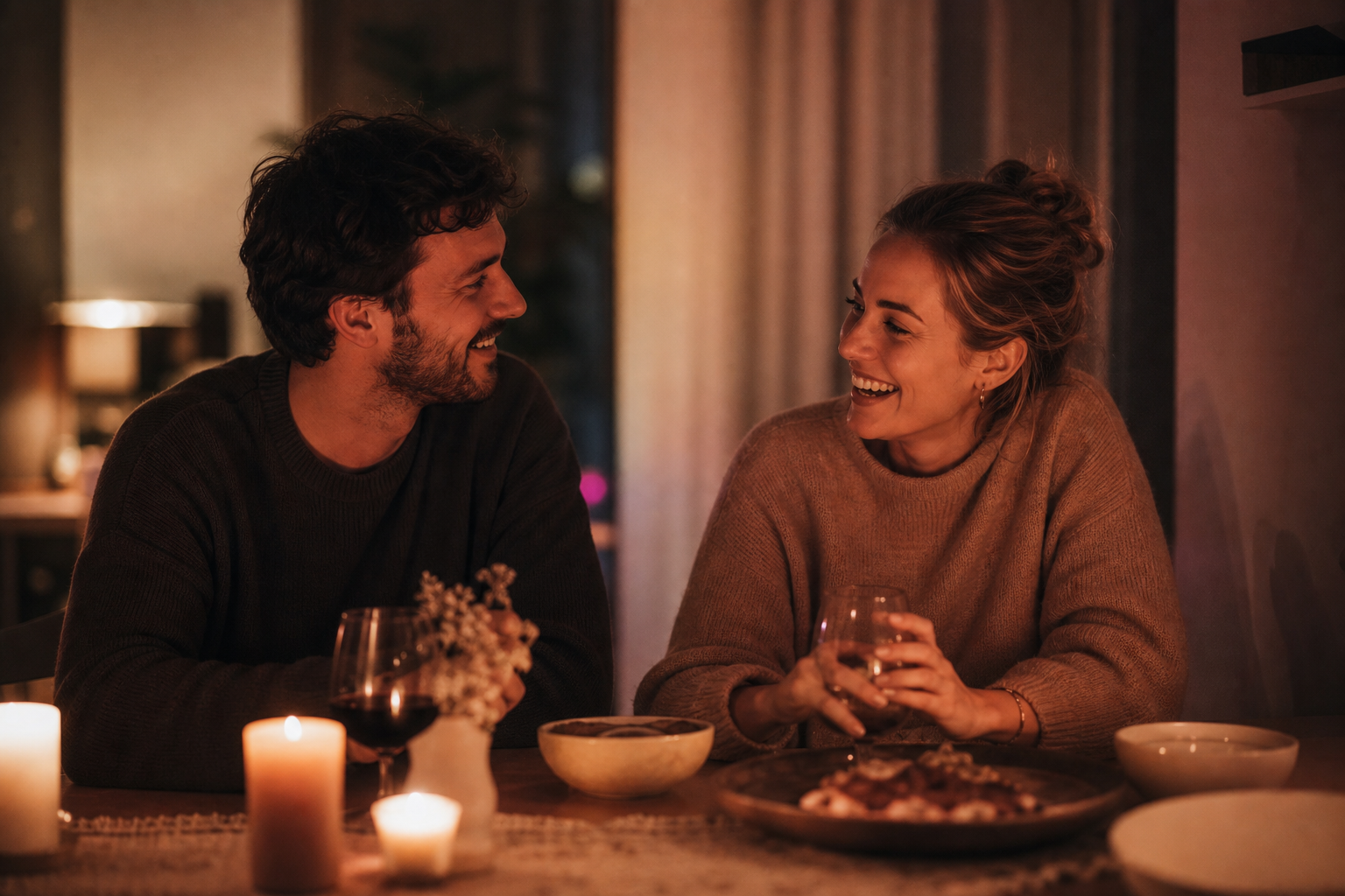 Stel dat lachend samen aan een tafel zit bij kaarslicht tijdens een gezellige avond