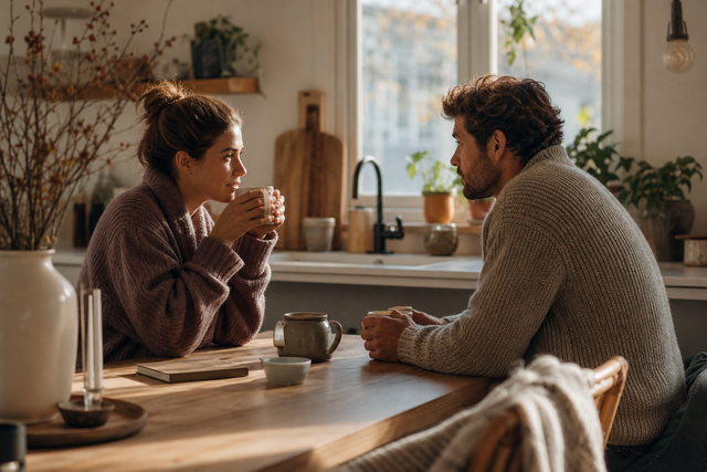 Een stel zit warm ingepakt tegenover elkaar aan de keukentafel, in gesprek bij een kop koffie, ochtendlicht door het raam