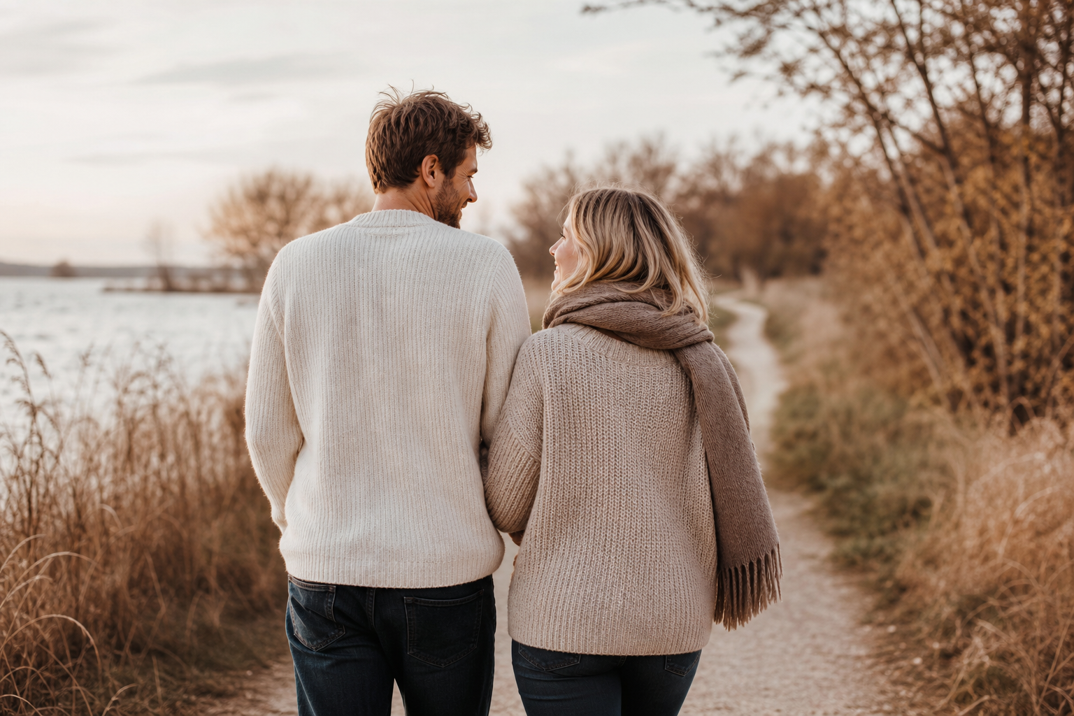 Twee partners die warm naar elkaar glimlachen tijdens een rustige wandeling buiten, van achteren gefotografeerd