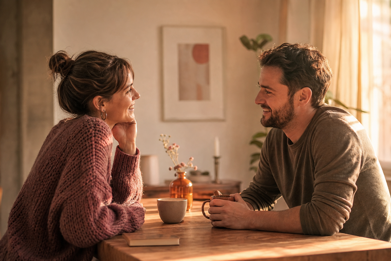 Een stel zit ontspannen tegenover elkaar aan tafel, glimlachend in gesprek bij warm daglicht