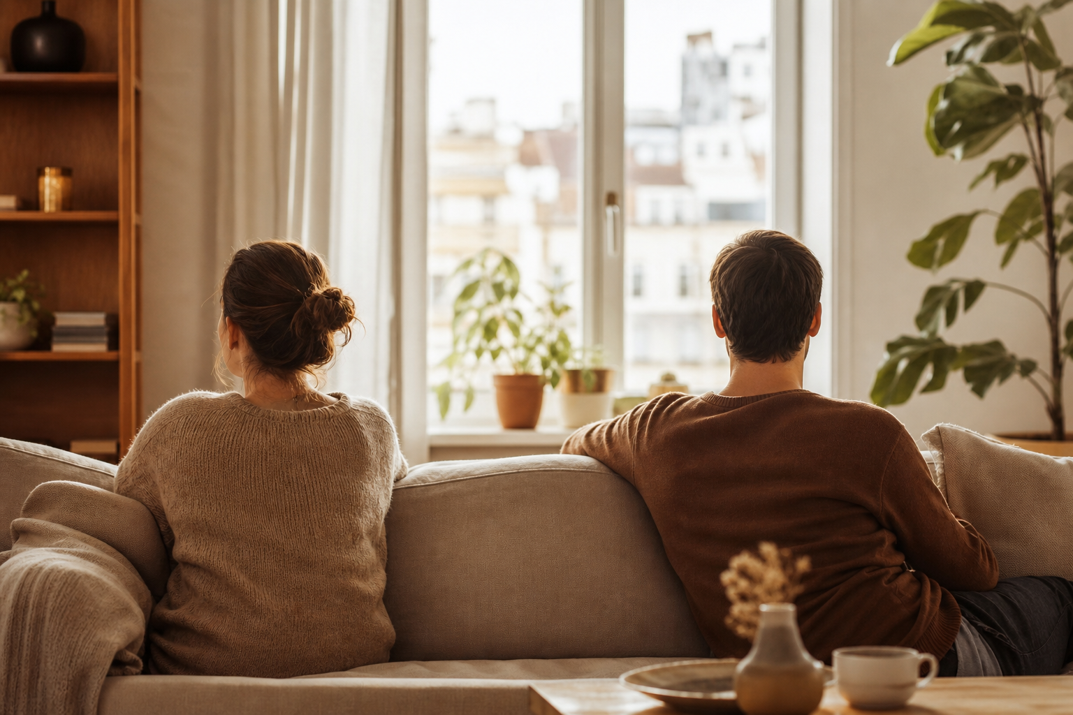 Two partners sit with some distance between them on the couch, both looking toward the window, in warm daylight